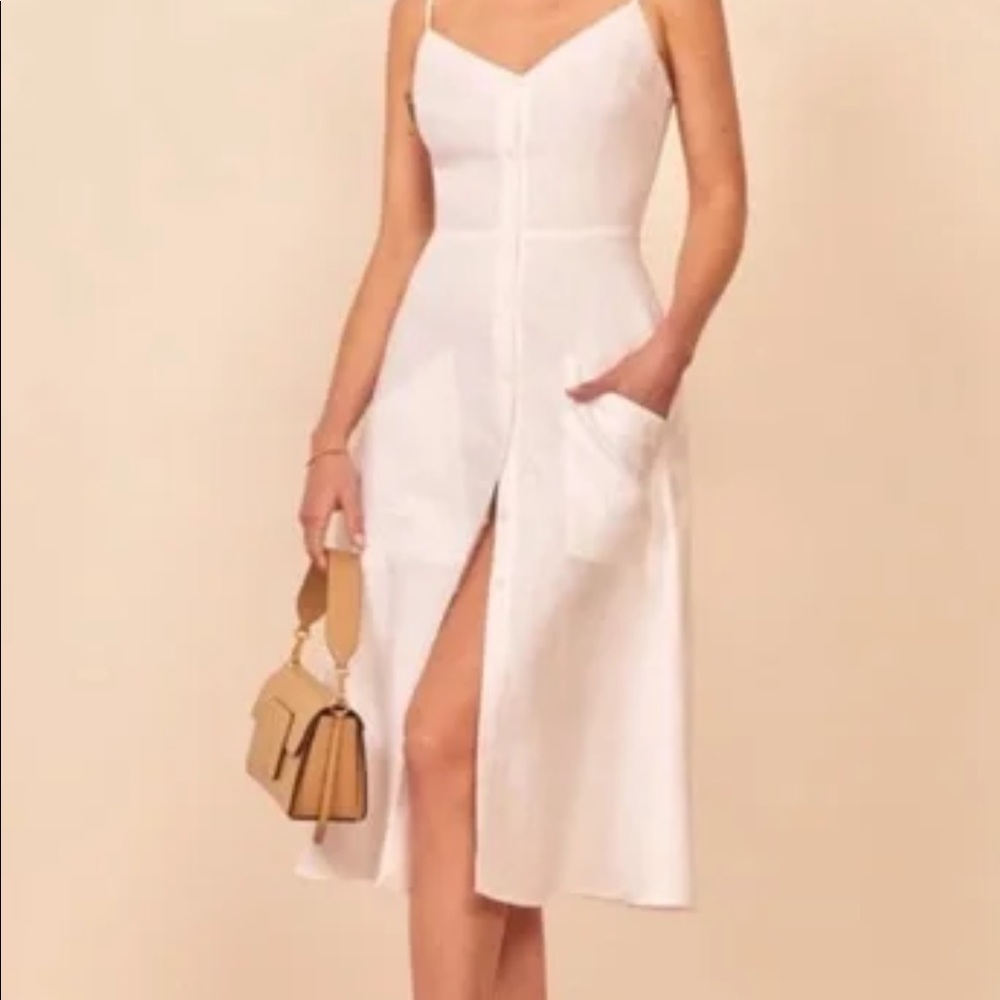 Sz 12 NWT Reformation White Linen Parke Dress, missing 1 button!